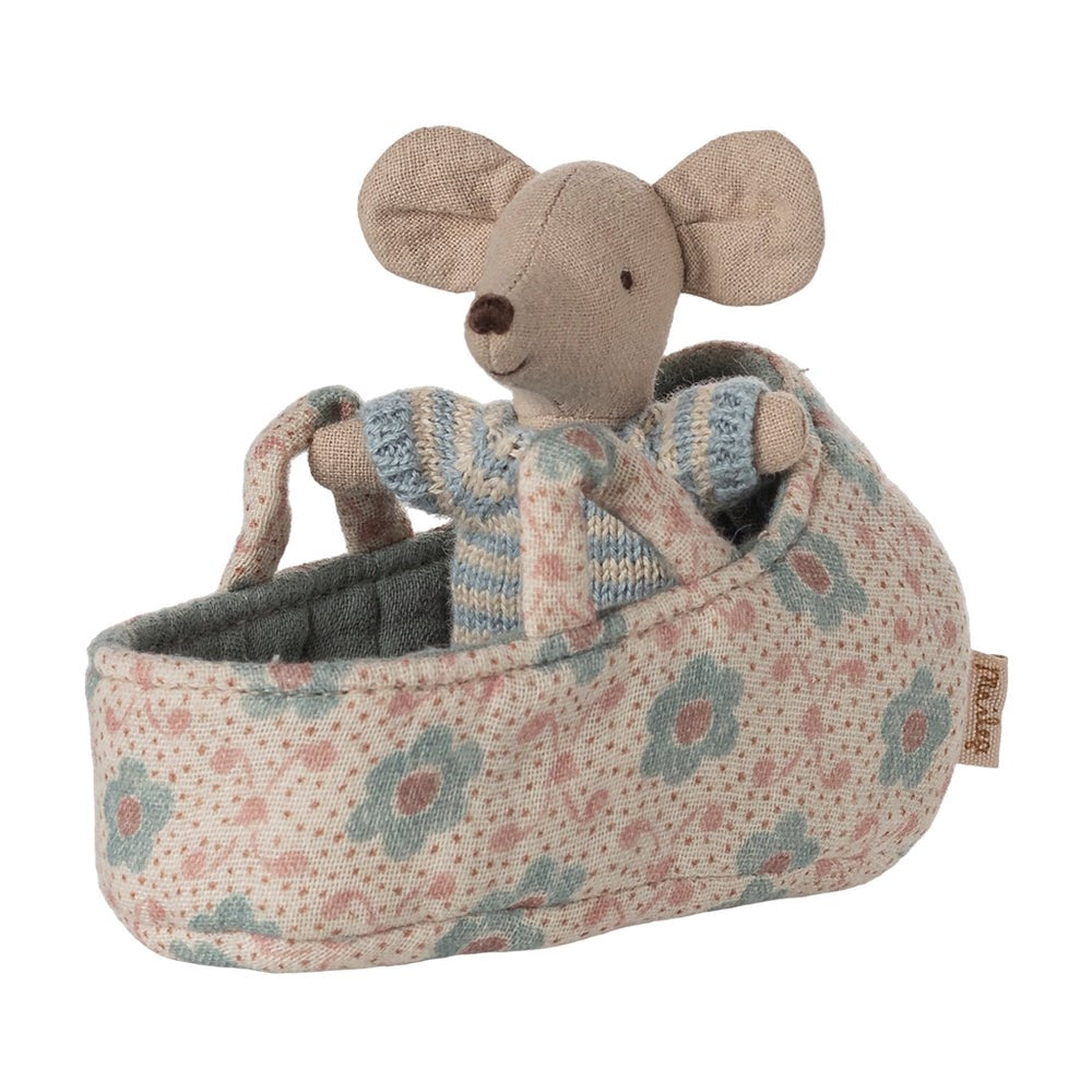 Maileg - Baby Mouse in Carry Cot Blue