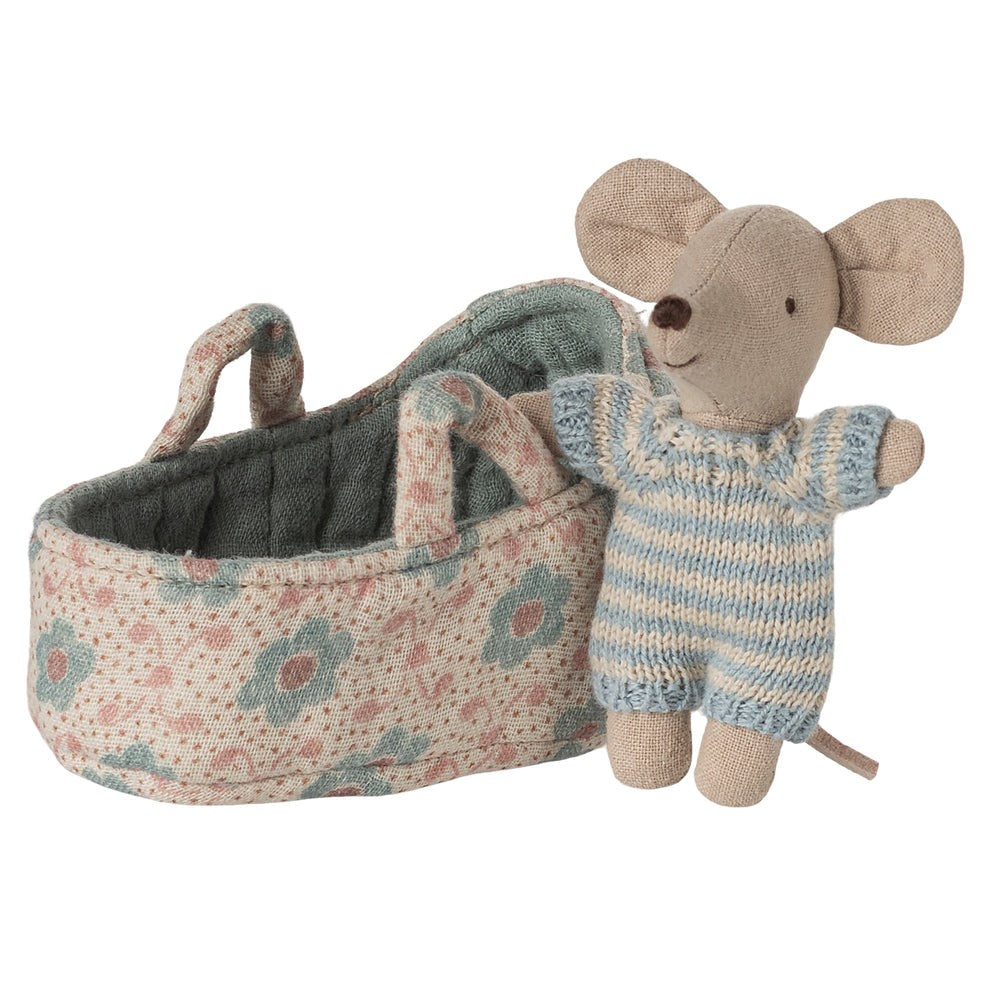 Maileg - Baby Mouse in Carry Cot Blue